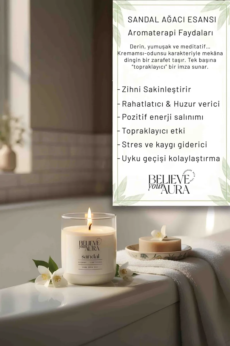 Believe Your Aura Sandal Ağacı Kokulu Mum - %100 Doğal Soya Mumu Aromaterapi Bardak Mum - MBSBRD04510-SND