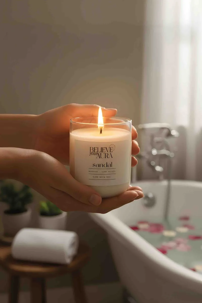 Believe Your Aura Sandal Ağacı Kokulu Mum - %100 Doğal Soya Mumu Aromaterapi Bardak Mum - MBSBRD04510-SND