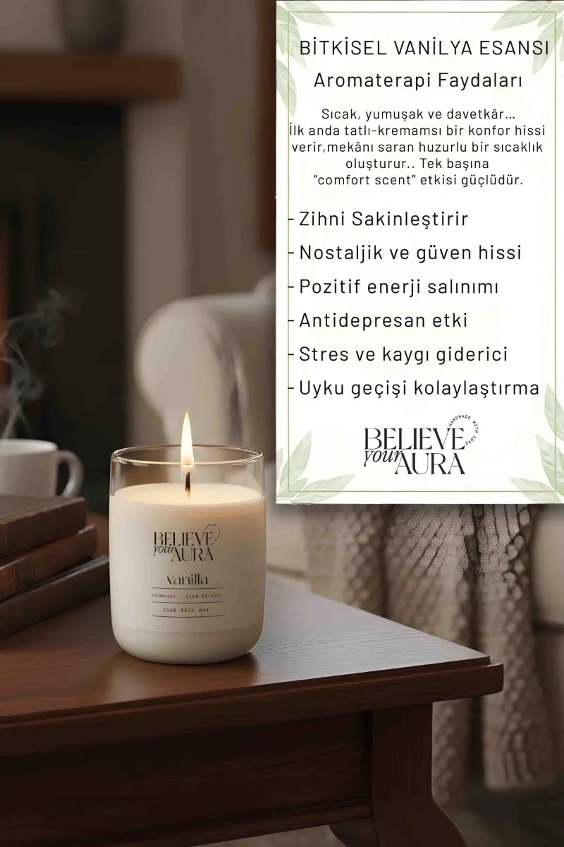 Believe Your Aura Vanilya Kokulu Bardak Mum - %100 Doğal Soya Mumu Aromaterapi Bardak Mum MBSBRD04510-VNL