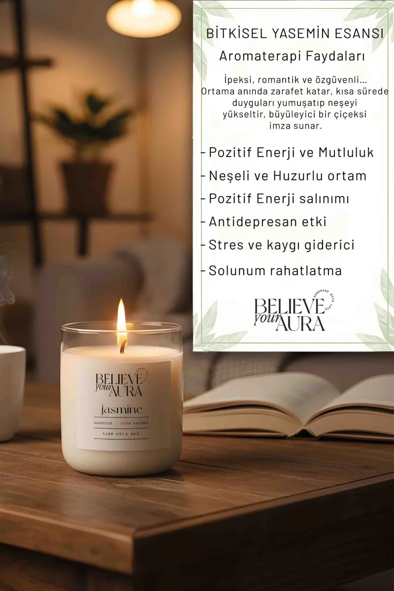 Believe Your Aura Yasemin Kokulu Bardak Mum - %100 Doğal Soya Mumu Aromaterapi Bardak Mum MBSBRD04510-YSM