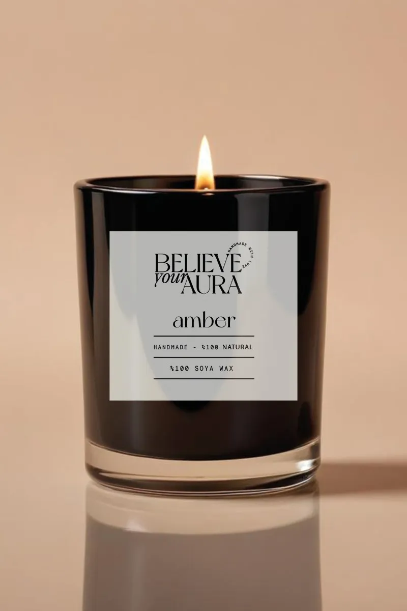 Believe Your Aura Amber Kokulu %100 Doğal Soya Mumu Aromaterapi ve Dekoratif Siyah Bardak Mum - MBSBRD05010-AMB