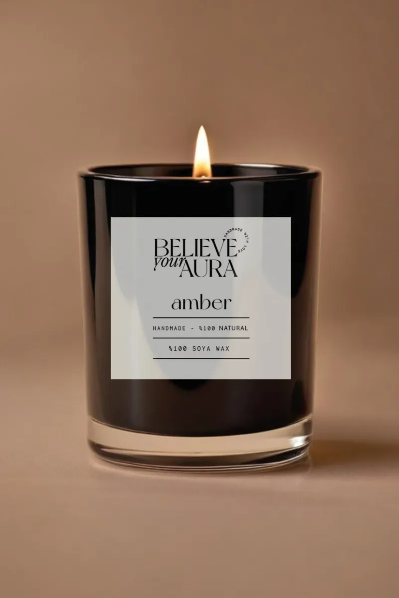 Believe Your Aura Amber Kokulu %100 Doğal Soya Mumu Aromaterapi ve Dekoratif Siyah Bardak Mum - MBSBRD05010-AMB