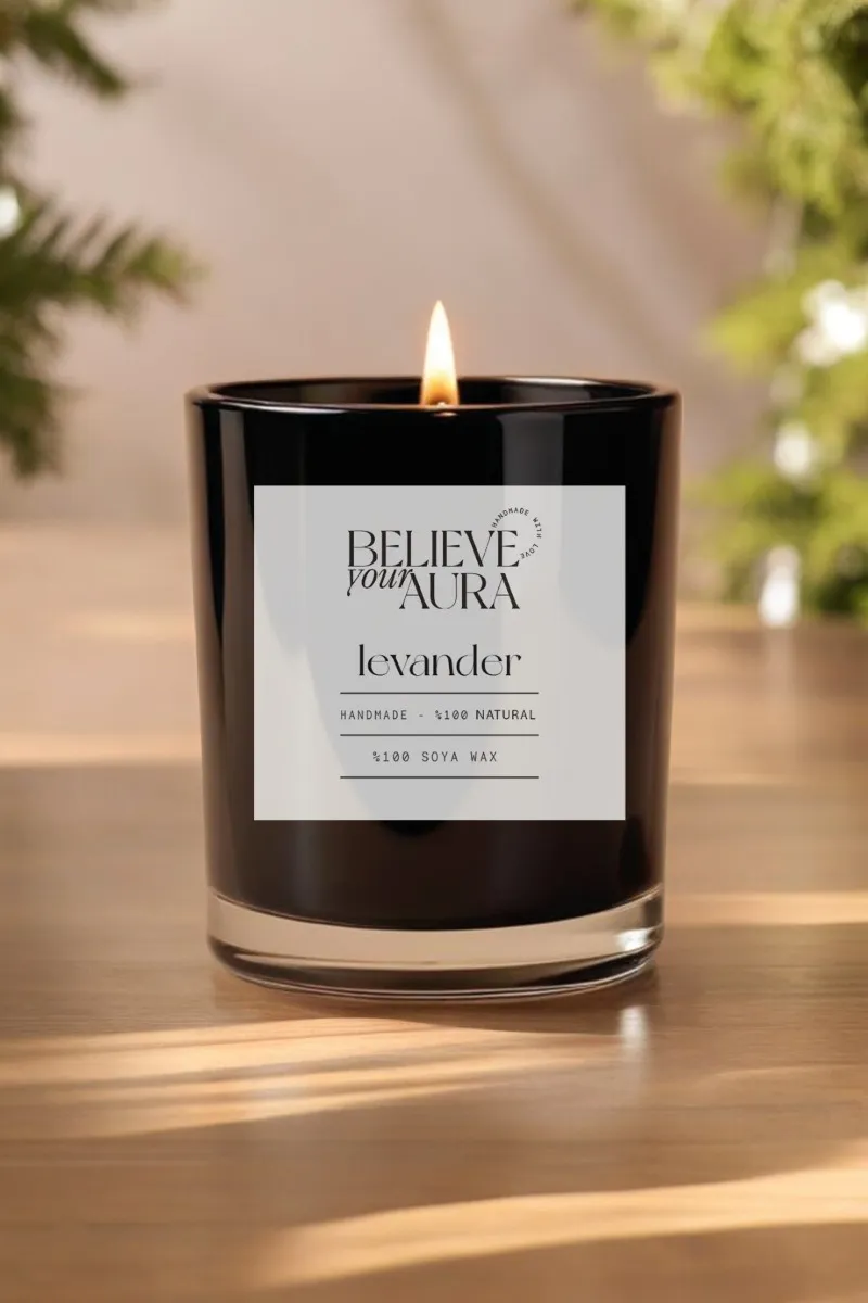 Believe Your Aura Lavanta Kokulu %100 Doğal Soya Mumu Aromaterapi ve Dekoratif Siyah Bardak Mum -MBSBRD05010-LVN