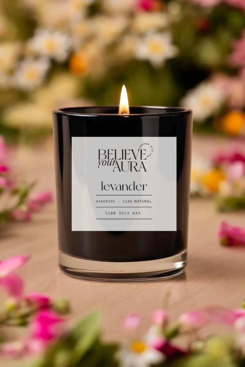 Believe Your Aura Lavanta Kokulu %100 Doğal Soya Mumu Aromaterapi ve Dekoratif Siyah Bardak Mum -MBSBRD05010-LVN
