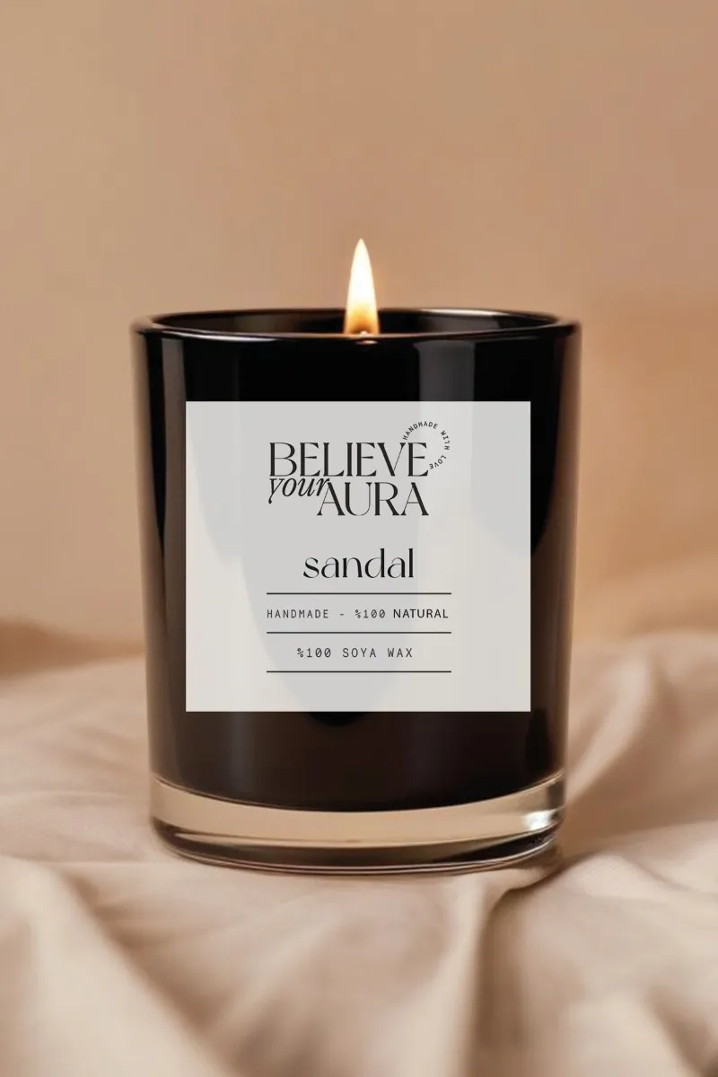 Believe Your Aura Sandal Ağacı Kokulu Mum - %100 Doğal Soya Aromaterapi ve Dekoratif Siyah Bardak Mum -MBSBRD05010-SND