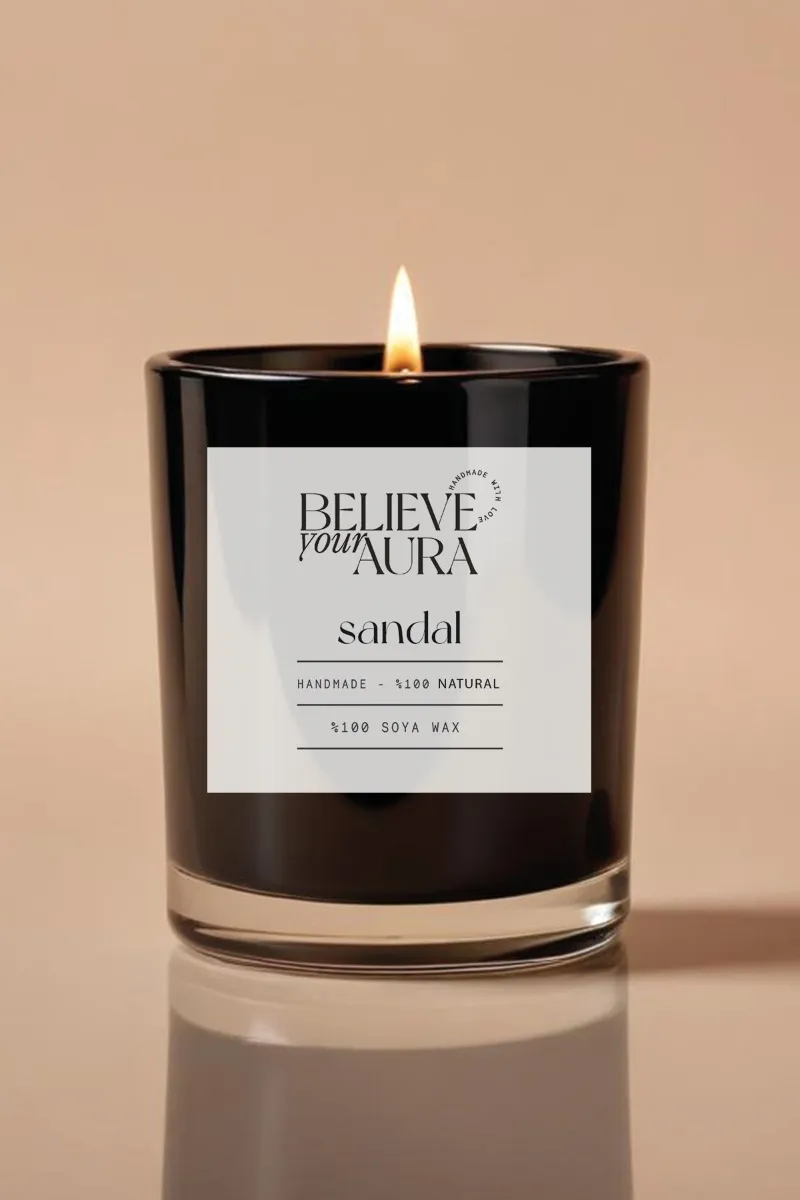 Believe Your Aura Sandal Ağacı Kokulu Mum - %100 Doğal Soya Aromaterapi ve Dekoratif Siyah Bardak Mum -MBSBRD05010-SND