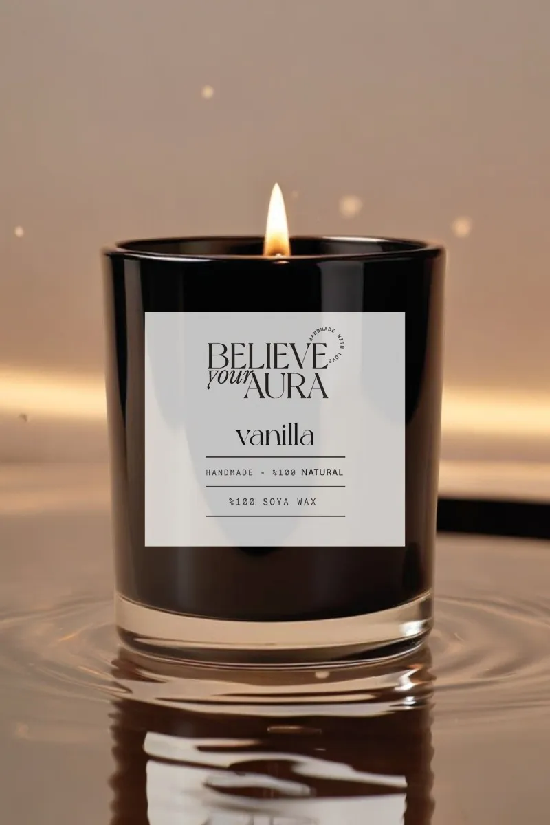 Believe Your Aura Vanilya Kokulu Mum - %100 Doğal Soya Aromaterapi ve Dekoratif Siyah Bardak Mum - MBSBRD05010-VNL