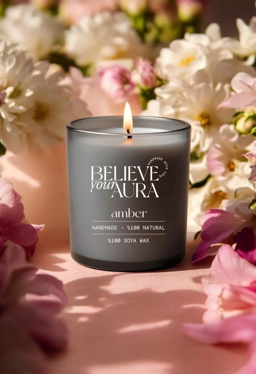 Believe Your Aura Amber Kokulu %100 Doğal Soya Mumu Aromaterapi ve Dekoratif Gri Bardak Mum - MBSBRD06910-AMB