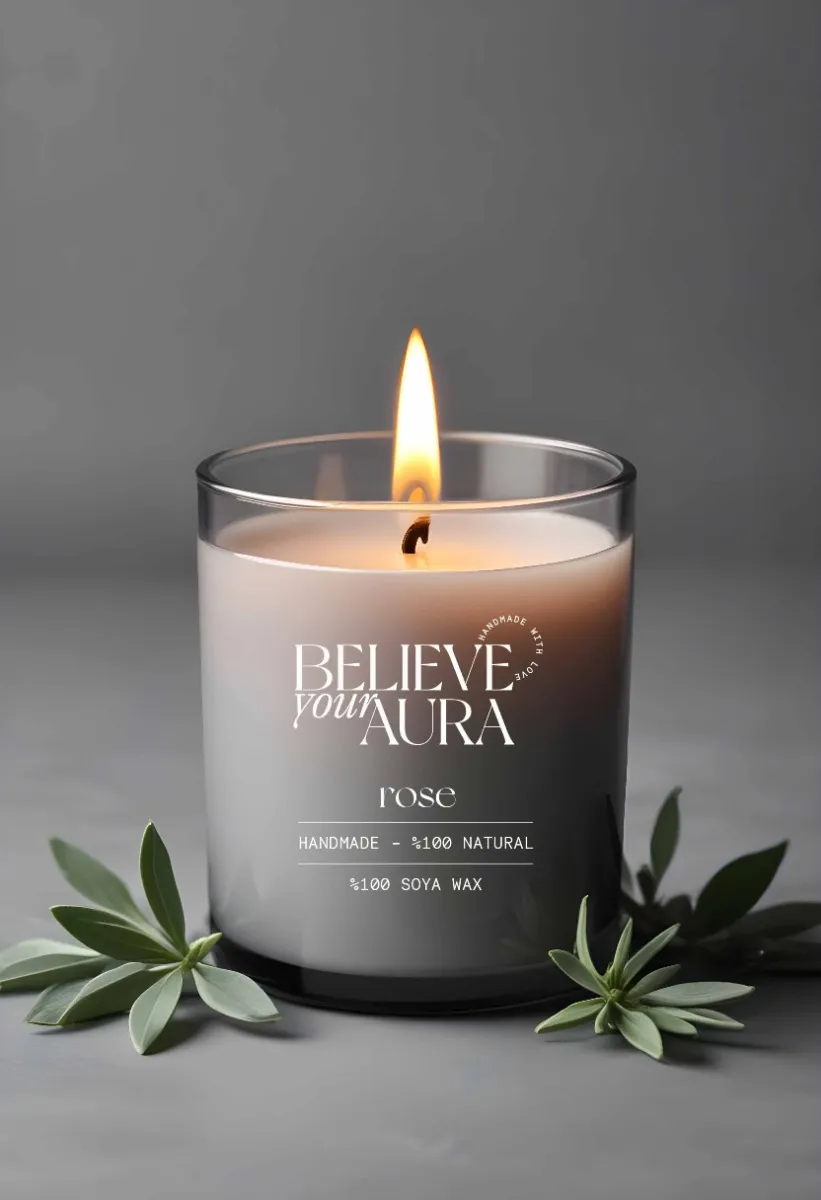 Believe Your Aura Gül Kokulu %100 Doğal Soya Mumu Aromaterapi ve Dekoratif Gri Bardak Mum - MBSBRD06910-GUL