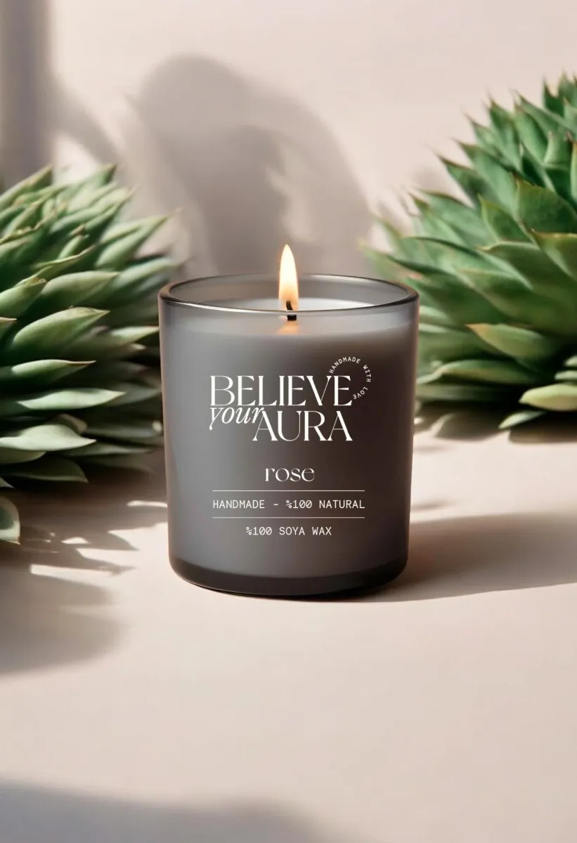 Believe Your Aura Gül Kokulu %100 Doğal Soya Mumu Aromaterapi ve Dekoratif Gri Bardak Mum - MBSBRD06910-GUL