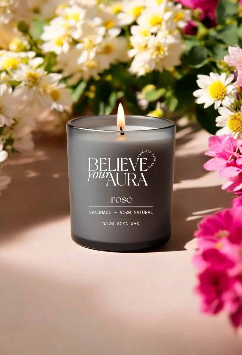 Believe Your Aura Gül Kokulu %100 Doğal Soya Mumu Aromaterapi ve Dekoratif Gri Bardak Mum - MBSBRD06910-GUL