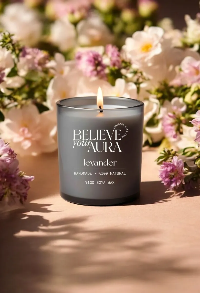 Believe Your Aura Lavanta Kokulu %100 Doğal Soya Mumu Aromaterapi ve Dekoratif Gri Bardak Mum - MBSBRD06910-LVN