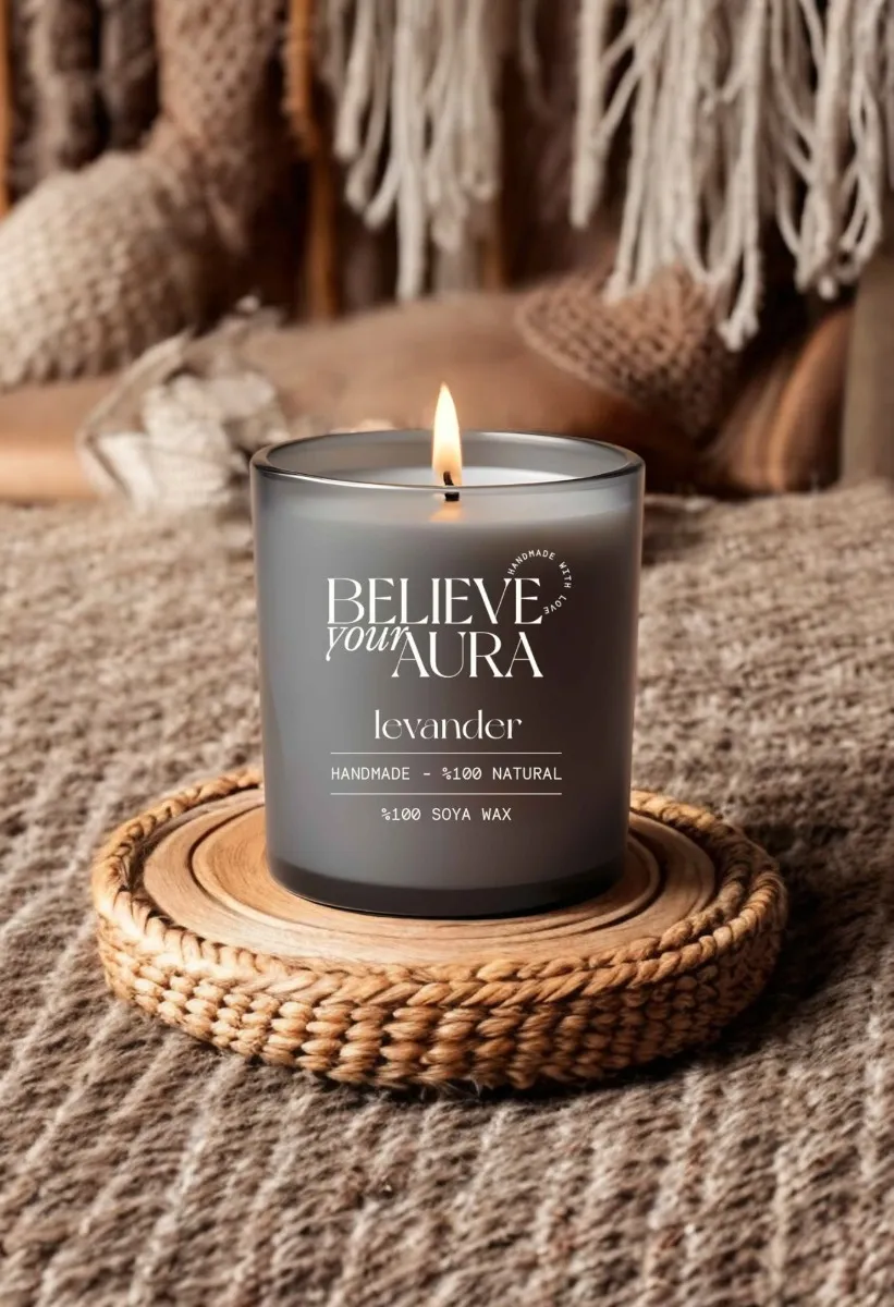 Believe Your Aura Lavanta Kokulu %100 Doğal Soya Mumu Aromaterapi ve Dekoratif Gri Bardak Mum - MBSBRD06910-LVN