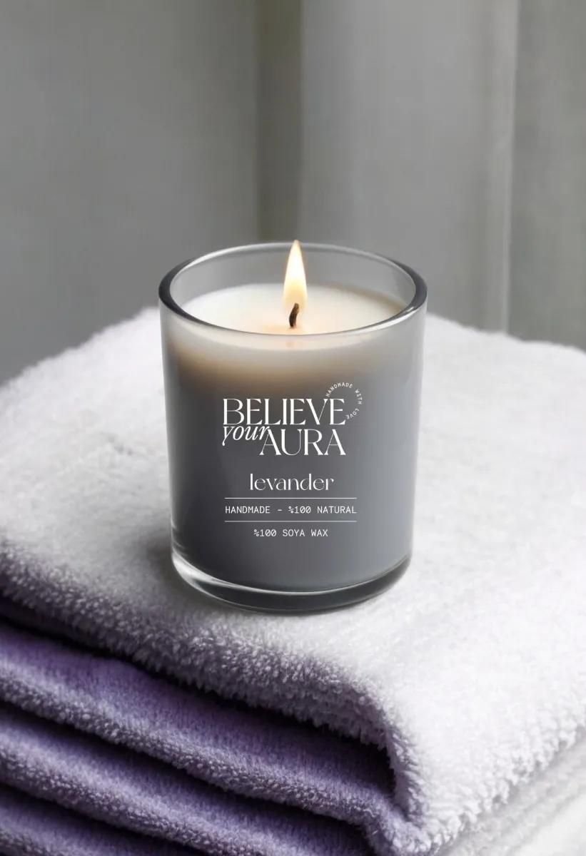 Believe Your Aura Lavanta Kokulu %100 Doğal Soya Mumu Aromaterapi ve Dekoratif Gri Bardak Mum - MBSBRD06910-LVN