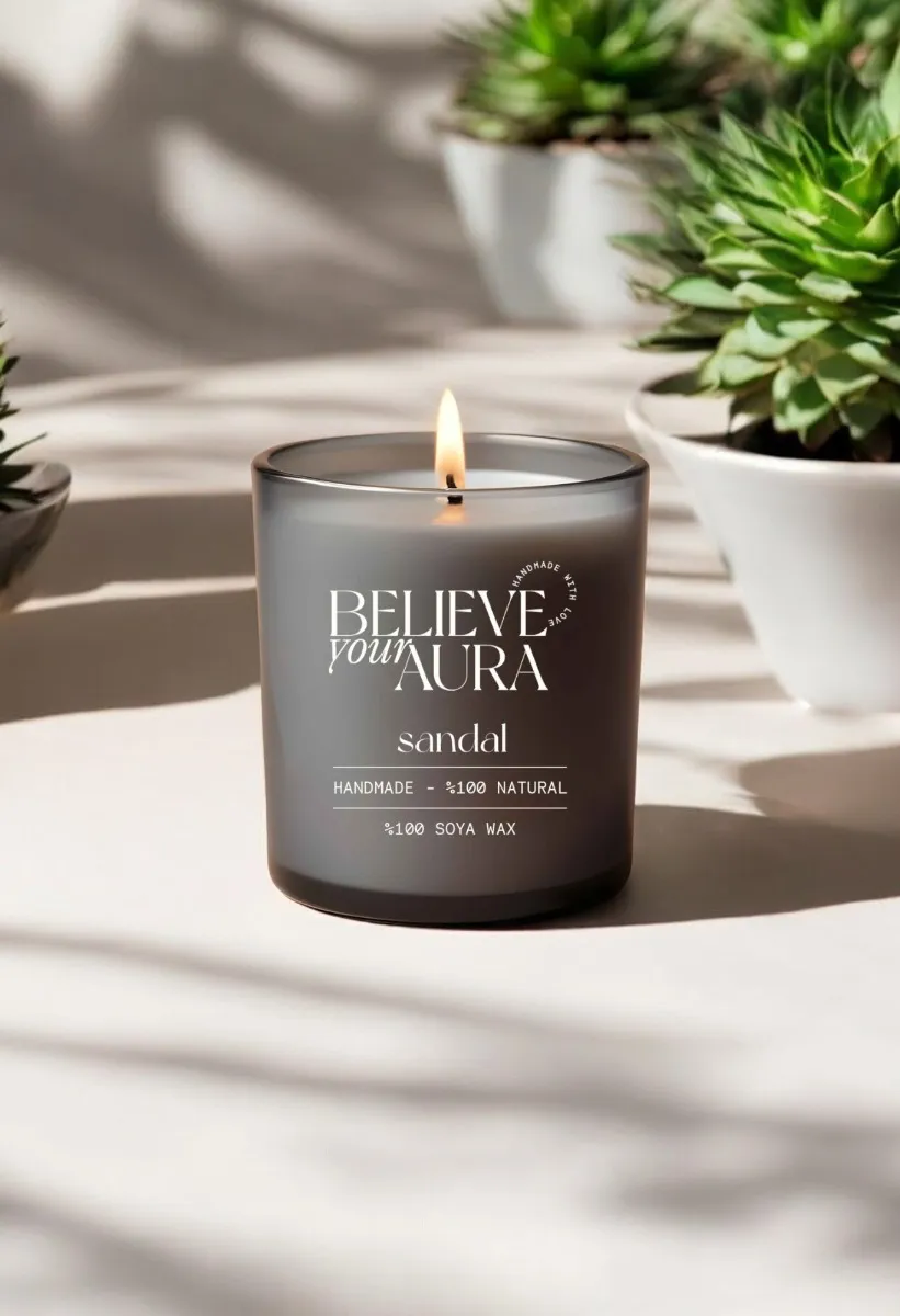 Believe Your Aura Sandal Ağacı Kokulu %100 Doğal Soya Mumu Aromaterapi ve Dekoratif Gri Bardak Mum - MBSBRD06910-SND
