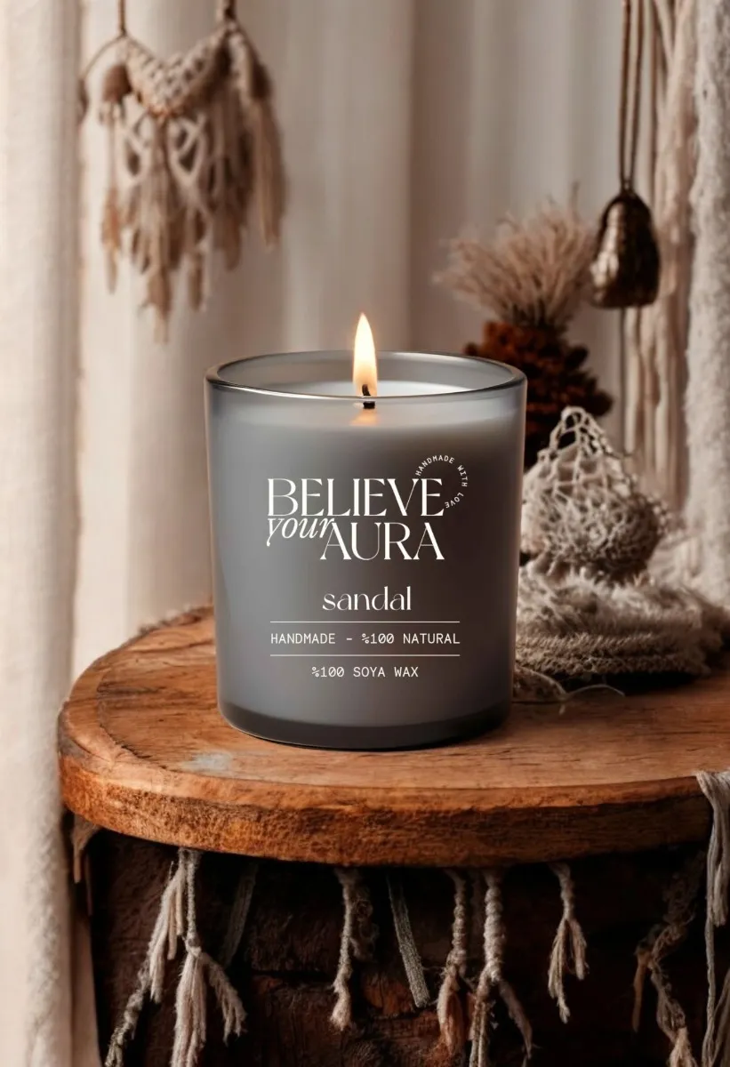 Believe Your Aura Sandal Ağacı Kokulu %100 Doğal Soya Mumu Aromaterapi ve Dekoratif Gri Bardak Mum - MBSBRD06910-SND