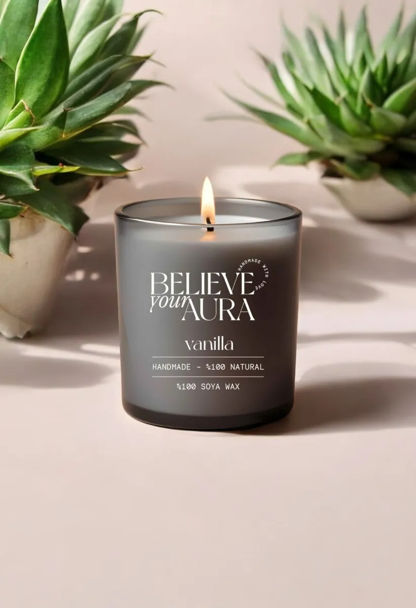 Believe Your Aura Vanilya Kokulu Mum - %100 Doğal Soya Mumu Aromaterapi ve Dekoratif Gri Bardak Mum - MBSBRD06910-VNL