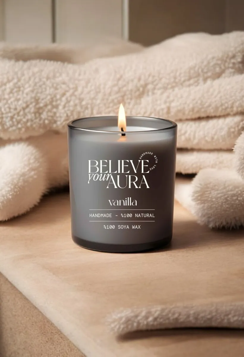 Believe Your Aura Vanilya Kokulu Mum - %100 Doğal Soya Mumu Aromaterapi ve Dekoratif Gri Bardak Mum - MBSBRD06910-VNL