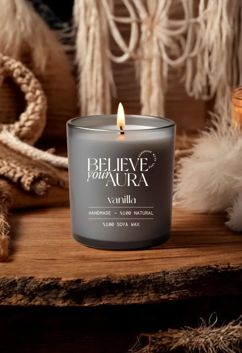Believe Your Aura Vanilya Kokulu Mum - %100 Doğal Soya Mumu Aromaterapi ve Dekoratif Gri Bardak Mum - MBSBRD06910-VNL