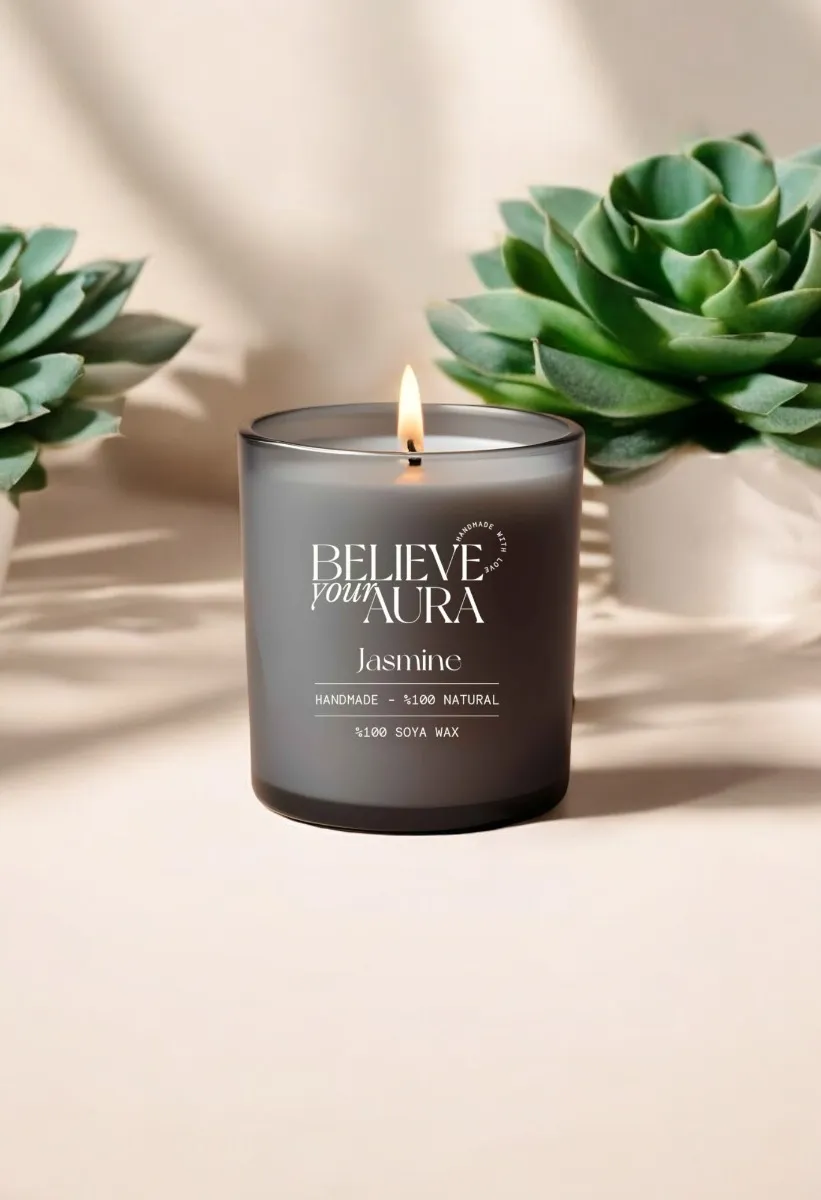 Believe Your Aura Yasemin Kokulu Mum - %100 Doğal Soya Mumu Aromaterapi ve Dekoratif Gri Bardak Mum -MBSBRD06910-YSM