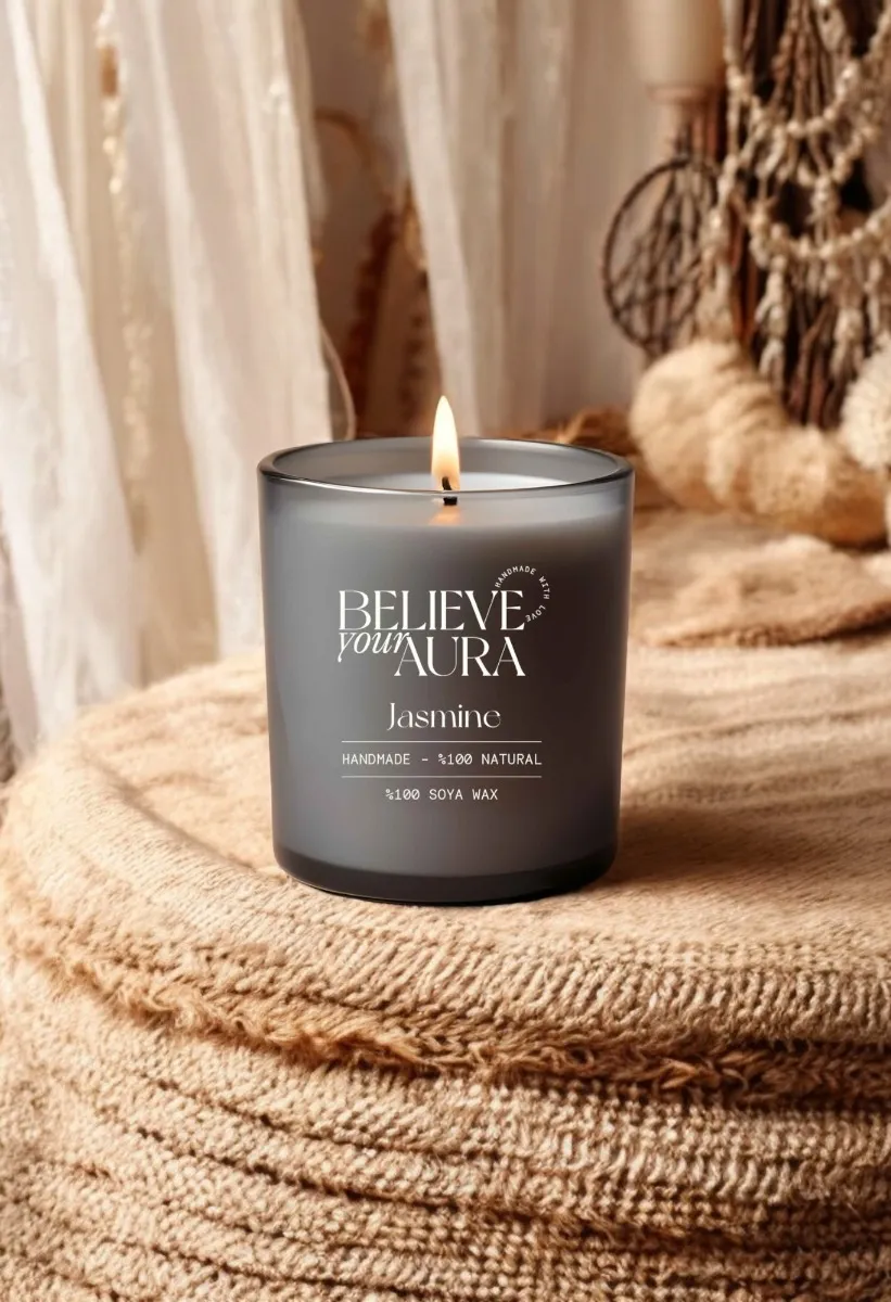 Believe Your Aura Yasemin Kokulu Mum - %100 Doğal Soya Mumu Aromaterapi ve Dekoratif Gri Bardak Mum -MBSBRD06910-YSM