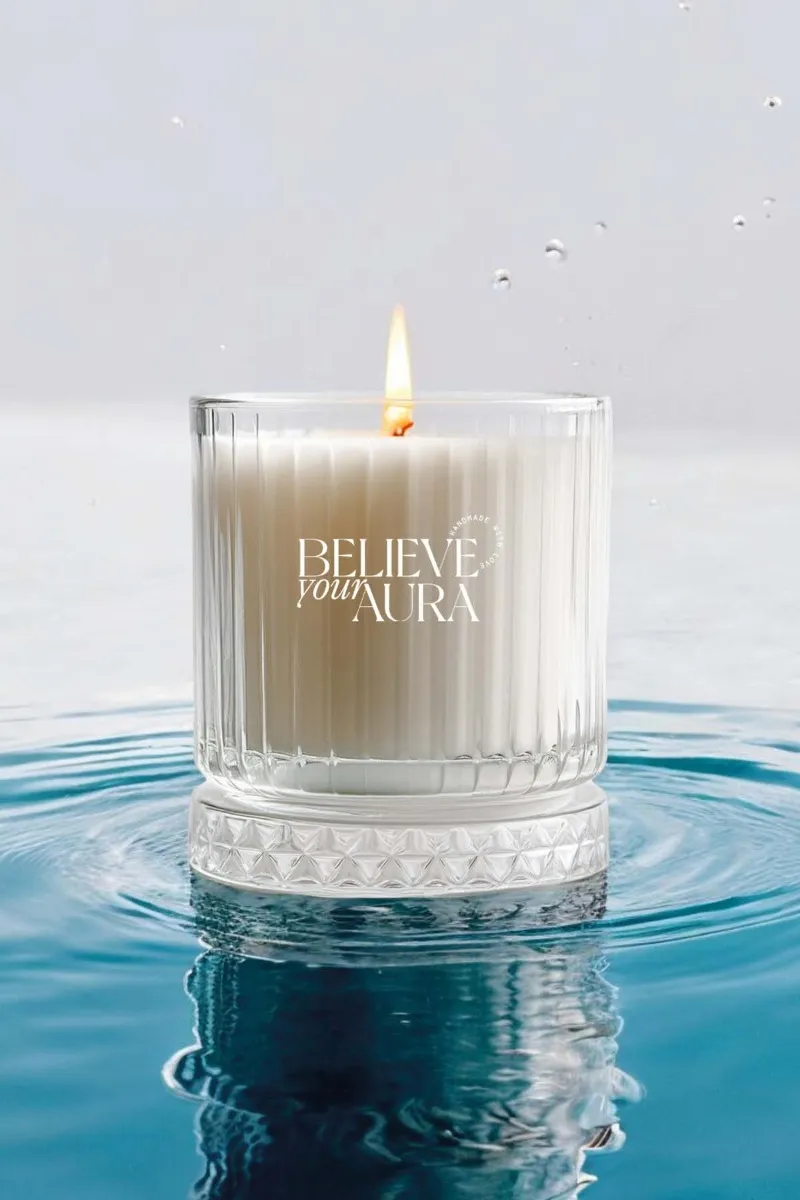 Believe Your Aura Sandal Ağacı Kokulu Mum - %100 Doğal Soya Mumu Kristal Bardak Aromaterapi Beyaz Kokulu Mum - MBSBRD069SND-10