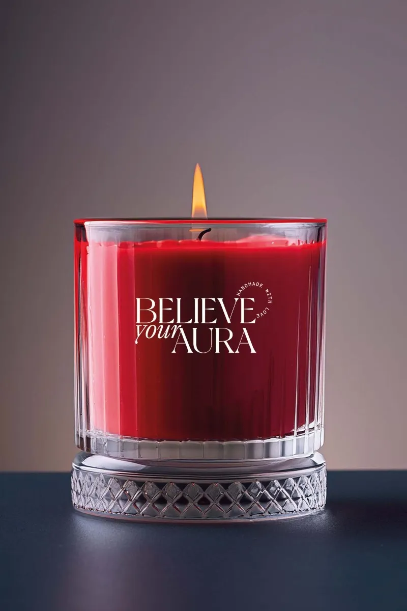 Believe Your Aura Sandal Ağacı Kokulu Mum - %100 Doğal Soya Mumu Kristal Bardak Kırmızı Kokulu Mum - MBSBRD069SND-11