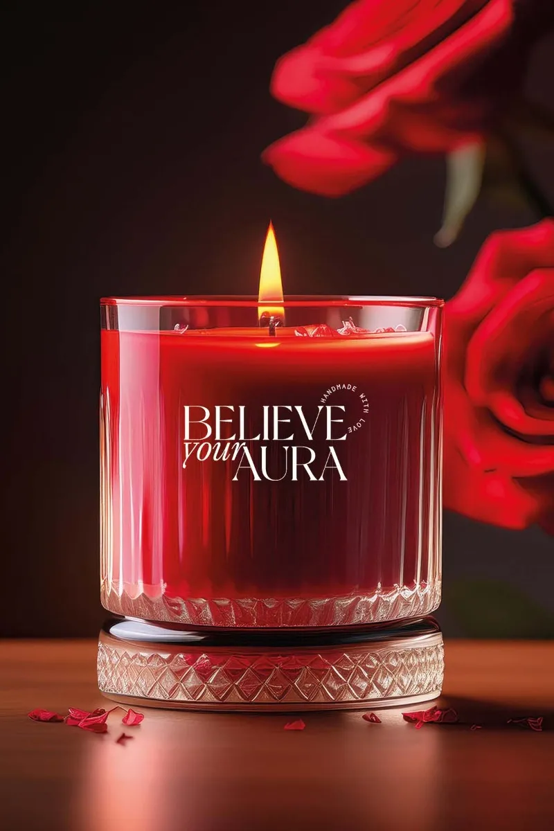 Believe Your Aura Sandal Ağacı Kokulu Mum - %100 Doğal Soya Mumu Kristal Bardak Kırmızı Kokulu Mum - MBSBRD069SND-11