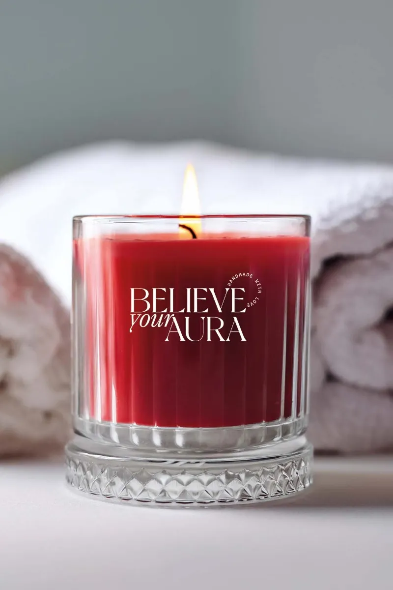 Believe Your Aura Sandal Ağacı Kokulu Mum - %100 Doğal Soya Mumu Kristal Bardak Kırmızı Kokulu Mum - MBSBRD069SND-11