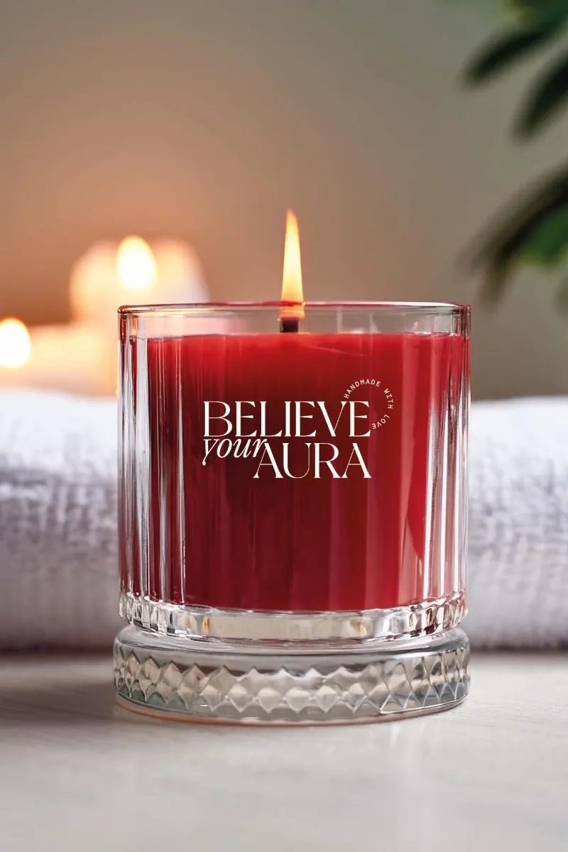 Believe Your Aura Sandal Ağacı Kokulu Mum - %100 Doğal Soya Mumu Kristal Bardak Kırmızı Kokulu Mum - MBSBRD069SND-11