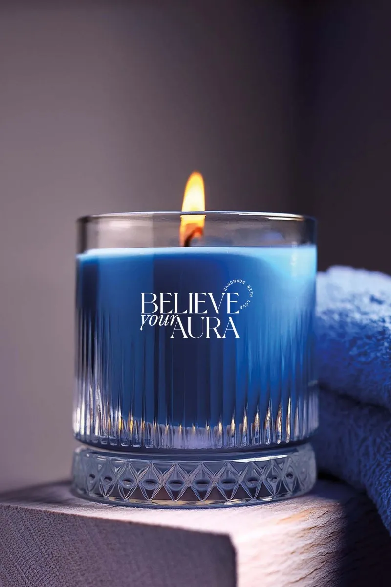 Believe Your Aura Sandal Ağacı Kokulu %100 Doğal Soya Mumu Kristal Bardak Aromaterapi Mavi Kokulu Mum - MBSBRD069SND-12