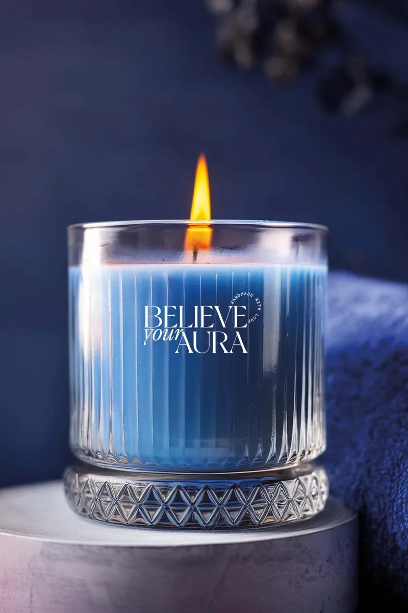 Believe Your Aura Sandal Ağacı Kokulu %100 Doğal Soya Mumu Kristal Bardak Aromaterapi Mavi Kokulu Mum - MBSBRD069SND-12