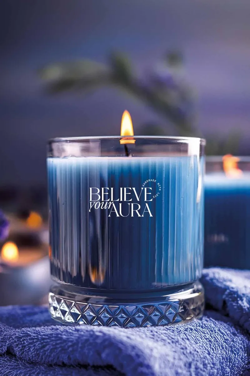Believe Your Aura Sandal Ağacı Kokulu %100 Doğal Soya Mumu Kristal Bardak Aromaterapi Mavi Kokulu Mum - MBSBRD069SND-12