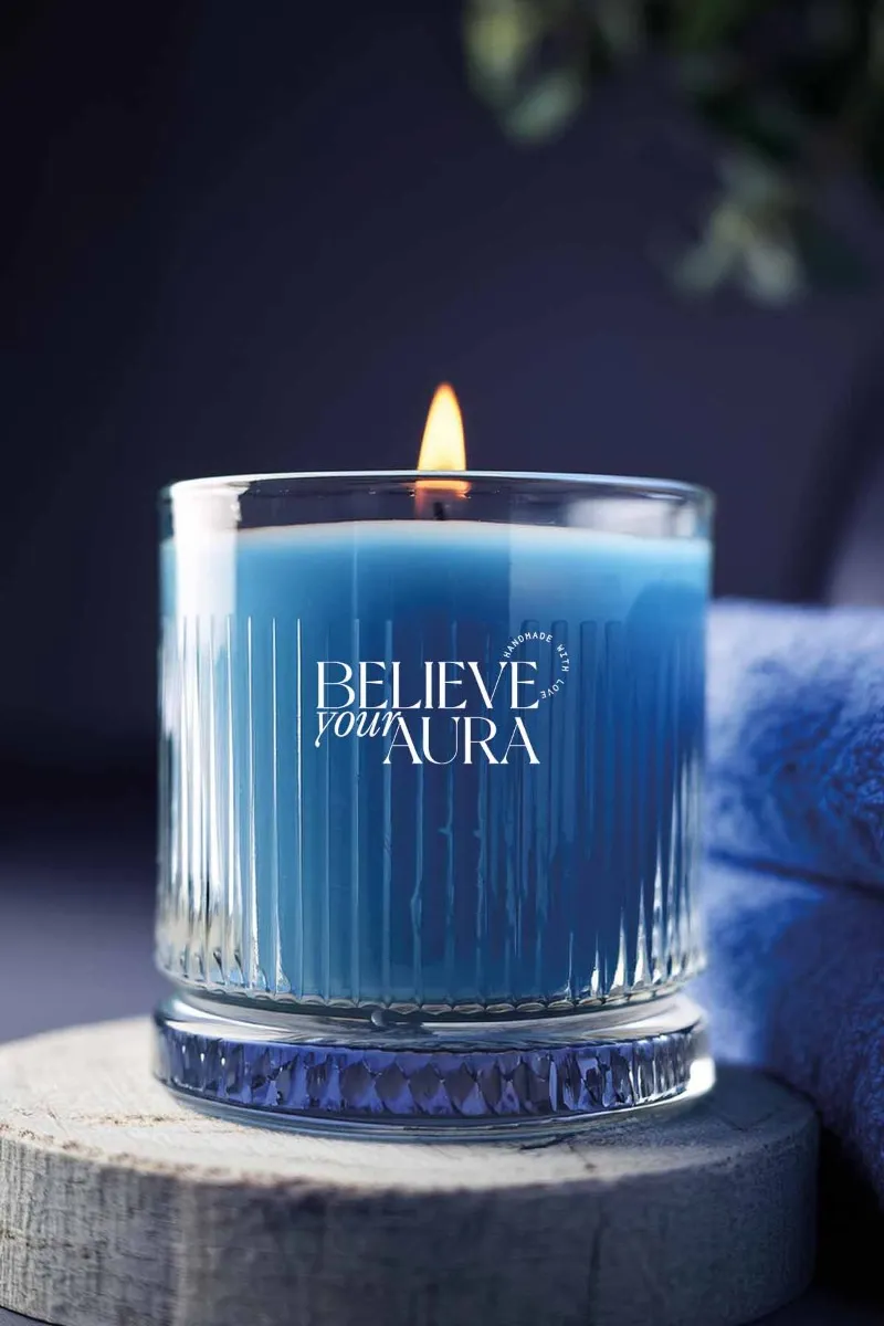 Believe Your Aura Sandal Ağacı Kokulu %100 Doğal Soya Mumu Kristal Bardak Aromaterapi Mavi Kokulu Mum - MBSBRD069SND-12
