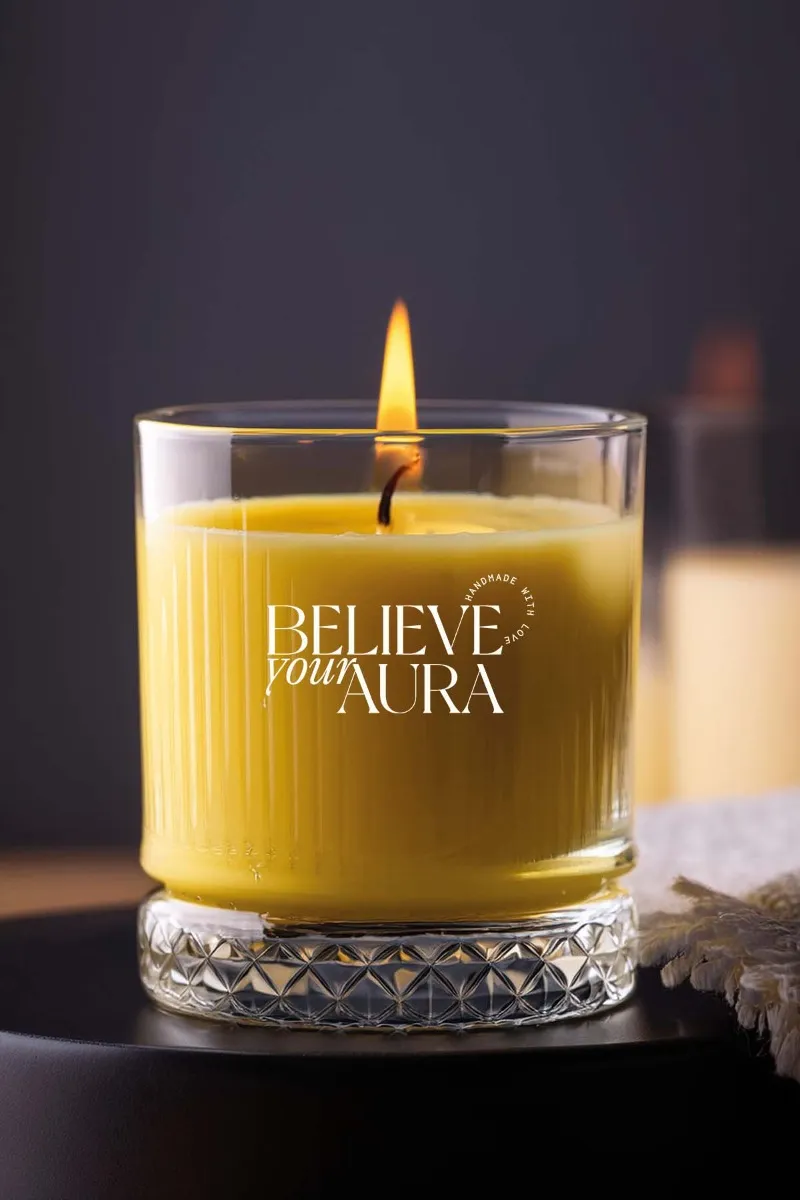 Believe Your Aura Sandal Ağacı Kokulu %100 Doğal Soya Mumu Kristal Bardak Aromaterapi Sarı Kokulu Mum - MBSBRD069SND-13