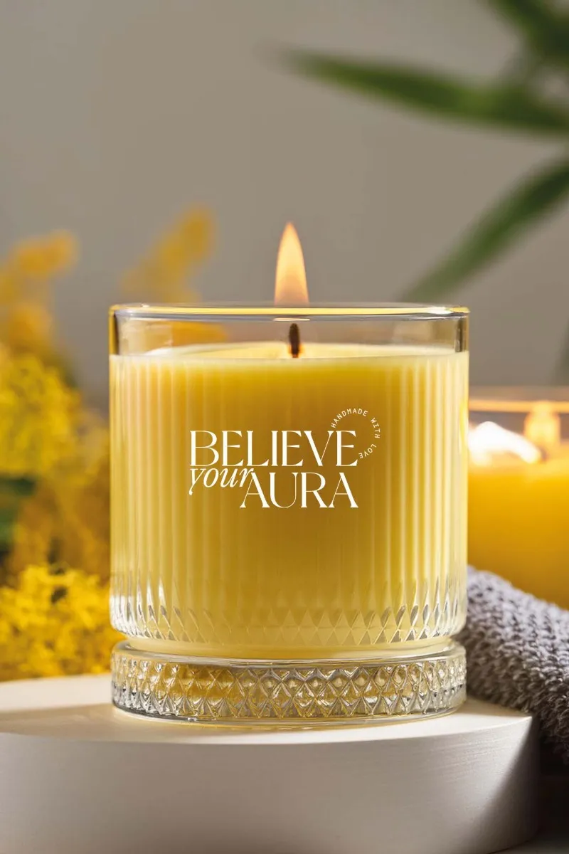 Believe Your Aura Sandal Ağacı Kokulu %100 Doğal Soya Mumu Kristal Bardak Aromaterapi Sarı Kokulu Mum - MBSBRD069SND-13