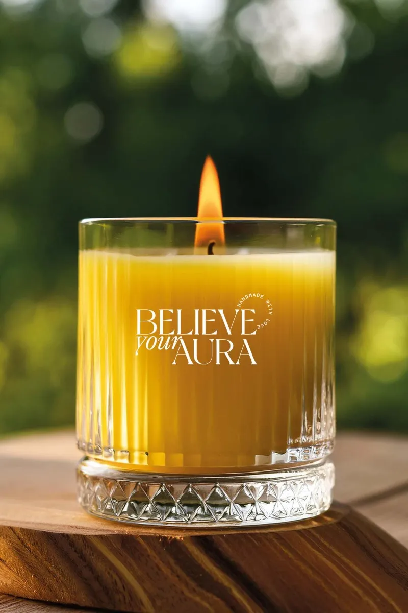 Believe Your Aura Sandal Ağacı Kokulu %100 Doğal Soya Mumu Kristal Bardak Aromaterapi Sarı Kokulu Mum - MBSBRD069SND-13