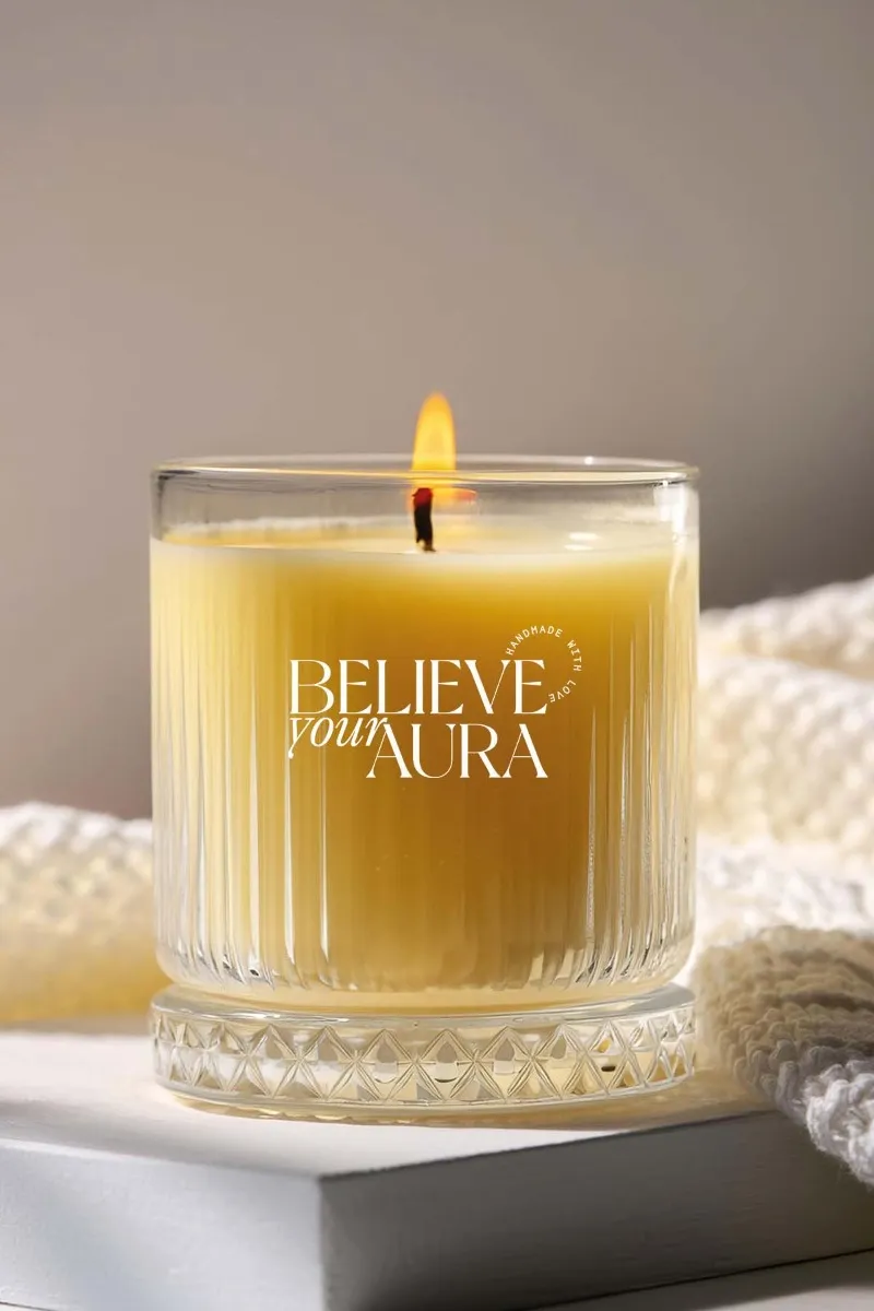 Believe Your Aura Sandal Ağacı Kokulu %100 Doğal Soya Mumu Kristal Bardak Aromaterapi Sarı Kokulu Mum - MBSBRD069SND-13