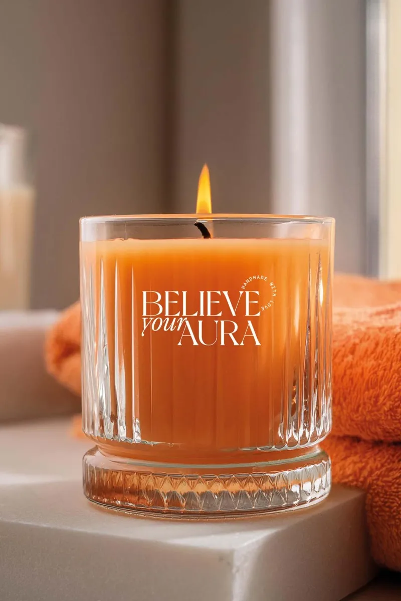 Believe Your Aura Sandal Ağacı Kokulu %100 Doğal Soya Mumu Kristal Bardak Aromaterapi Turuncu Mum - MBSBRD069SND-16