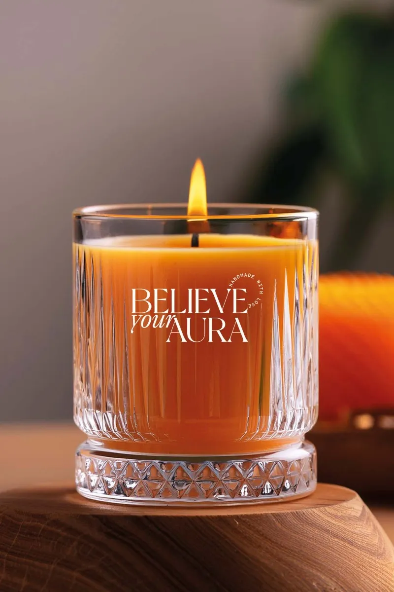 Believe Your Aura Sandal Ağacı Kokulu %100 Doğal Soya Mumu Kristal Bardak Aromaterapi Turuncu Mum - MBSBRD069SND-16