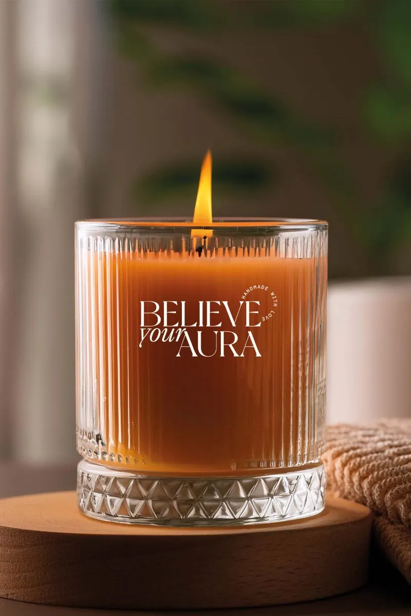 Believe Your Aura Sandal Ağacı Kokulu %100 Doğal Soya Mumu Kristal Bardak Aromaterapi Turuncu Mum - MBSBRD069SND-16