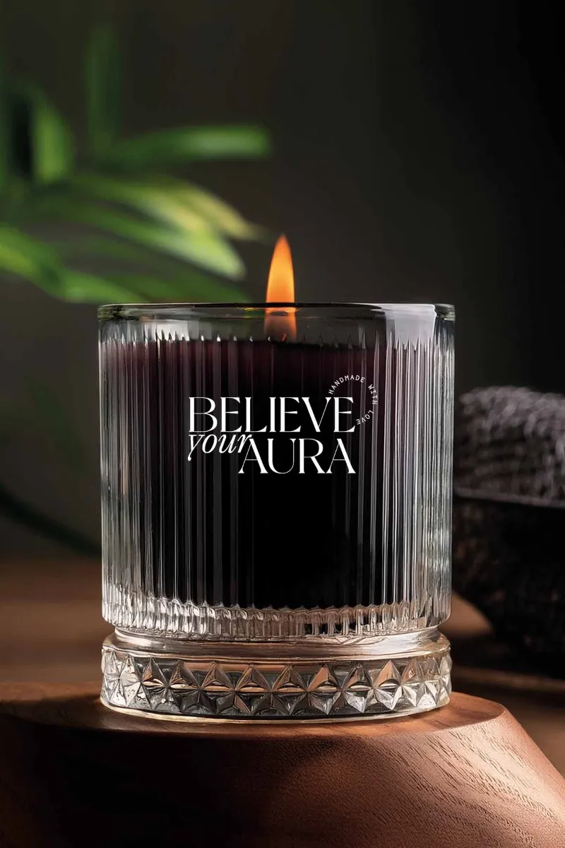 Believe Your Aura Sandal Ağacı Kokulu Mum - %100 Doğal Soya Mumu Kristal Bardak Aromaterapi Siyah Kokulu Mum -MBSBRD069SND-20