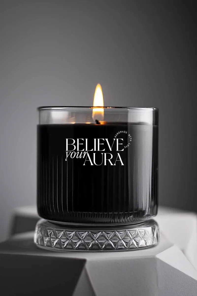 Believe Your Aura Sandal Ağacı Kokulu Mum - %100 Doğal Soya Mumu Kristal Bardak Aromaterapi Siyah Kokulu Mum -MBSBRD069SND-20