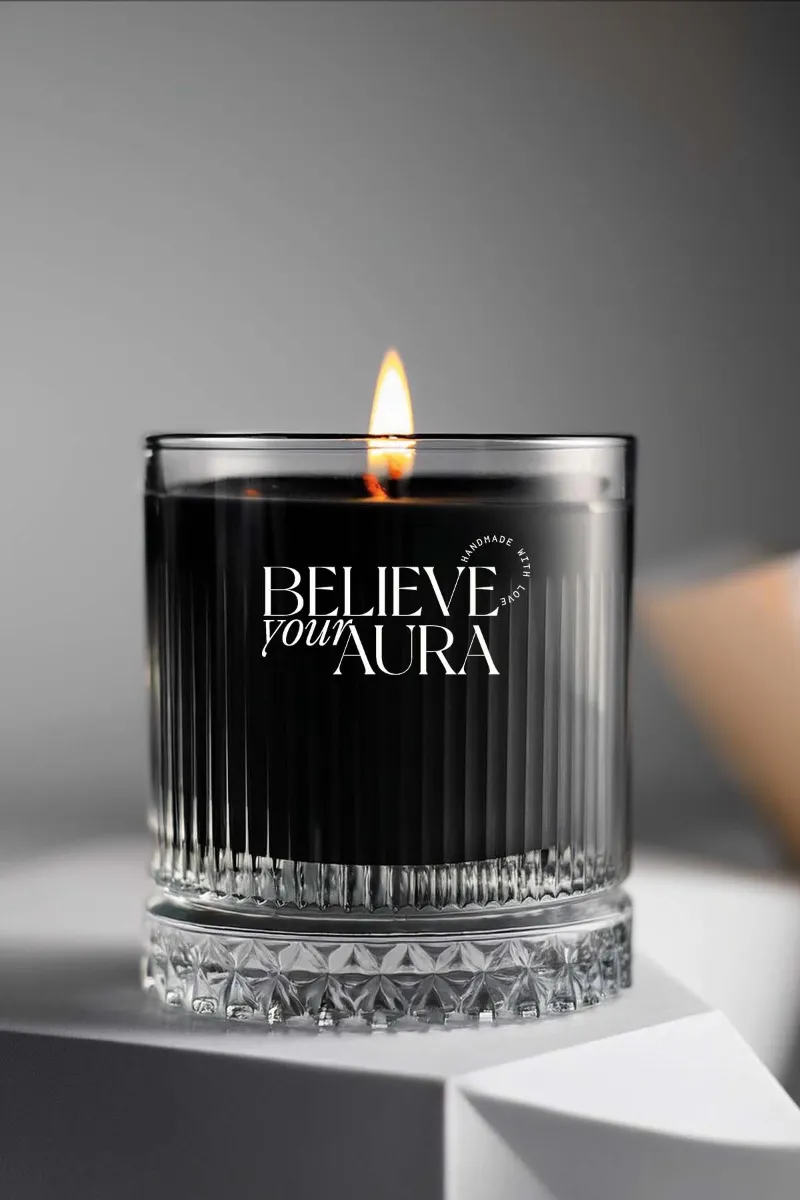 Believe Your Aura Sandal Ağacı Kokulu Mum - %100 Doğal Soya Mumu Kristal Bardak Aromaterapi Siyah Kokulu Mum -MBSBRD069SND-20