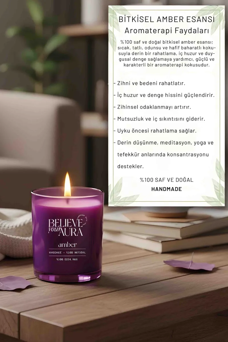 Believe Your Aura Amber Kokulu Bardak Mum - %100 Doğal Soya Mumu Aromaterapi Mor Bardak Mum MBSBRD07010-AMB