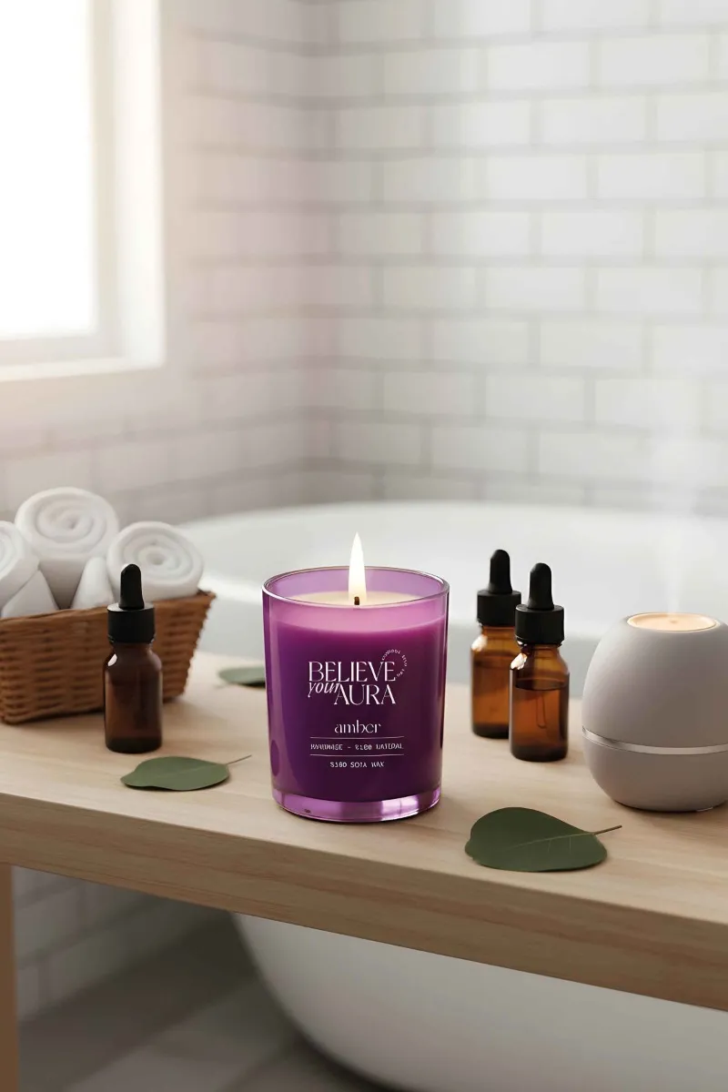 Believe Your Aura Amber Kokulu Bardak Mum - %100 Doğal Soya Mumu Aromaterapi Mor Bardak Mum MBSBRD07010-AMB
