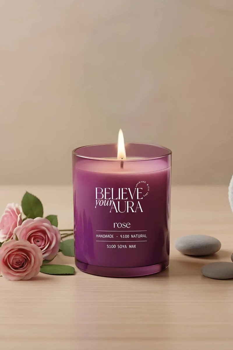 Believe Your Aura Gül Kokulu Bardak Mum - %100 Doğal Soya Mumu Aromaterapi Mor Bardak Mum MBSBRD07010-GUL