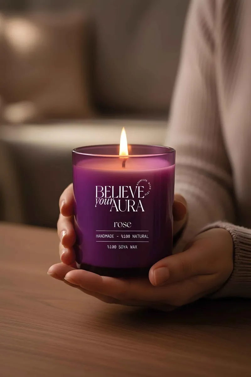 Believe Your Aura Gül Kokulu Bardak Mum - %100 Doğal Soya Mumu Aromaterapi Mor Bardak Mum MBSBRD07010-GUL