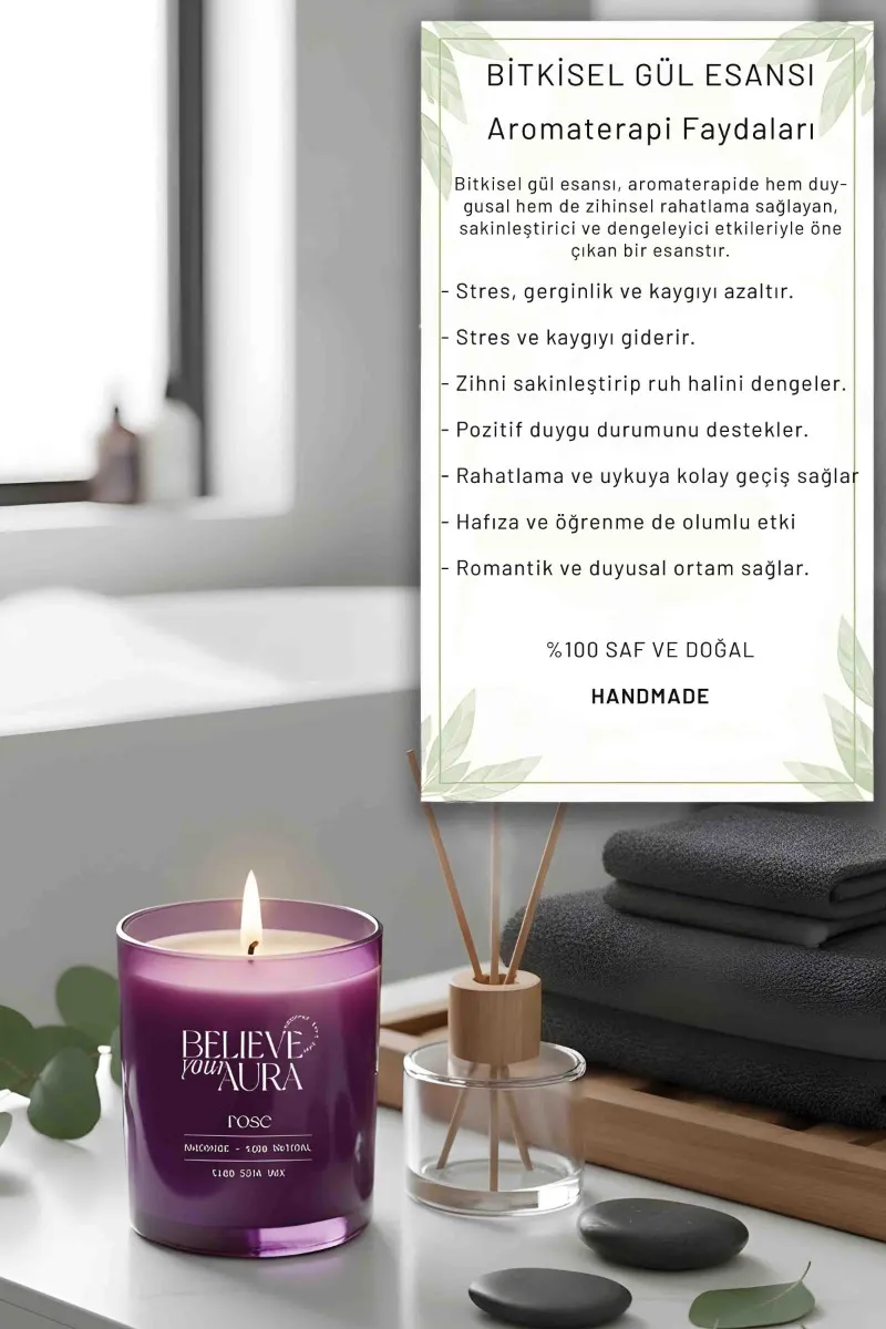 Believe Your Aura Gül Kokulu Bardak Mum - %100 Doğal Soya Mumu Aromaterapi Mor Bardak Mum MBSBRD07010-GUL