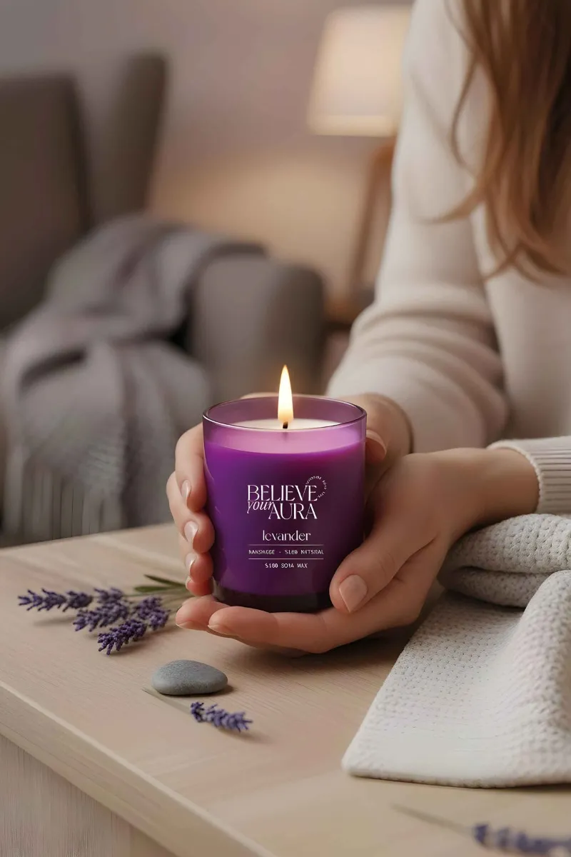 Believe Your Aura Lavanta Kokulu Bardak Mum - %100 Doğal Soya Mumu Mor Bardak Mum MBSBRD07010-LVN